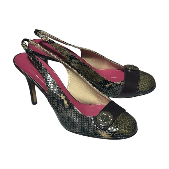Kate Spade Olive Green Snakeskin Pattern Leather Pumps Size 8.5 M Made In Italy - Picture 1 of 12
